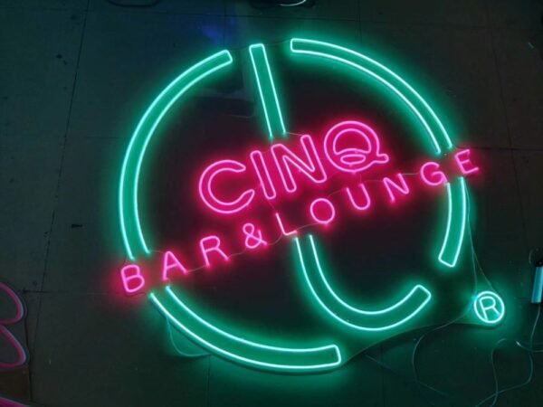 cinq bar neon sign