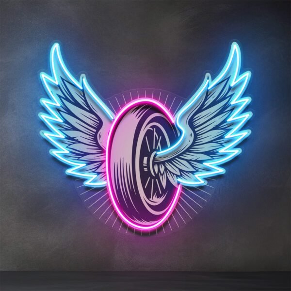 Vintage Biker Design With Winged Wheel LED Neon Sign Light Pop Art